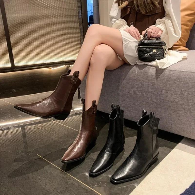 Herbst/Winter Damenstiefel aus echtem Leder, Western-Damenschuhe, spitze Zehenpartie, klobiger Absatz, Chelsea-Stiefel, Retro-Stiefeletten