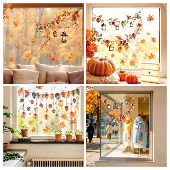 Creative Soft Decoration Gifts Autumn Maple Leaf Pinecone Scarecrow Pumpkin Static Window Clings, Waterproof PVC Indoor Outdoor Glass Decor