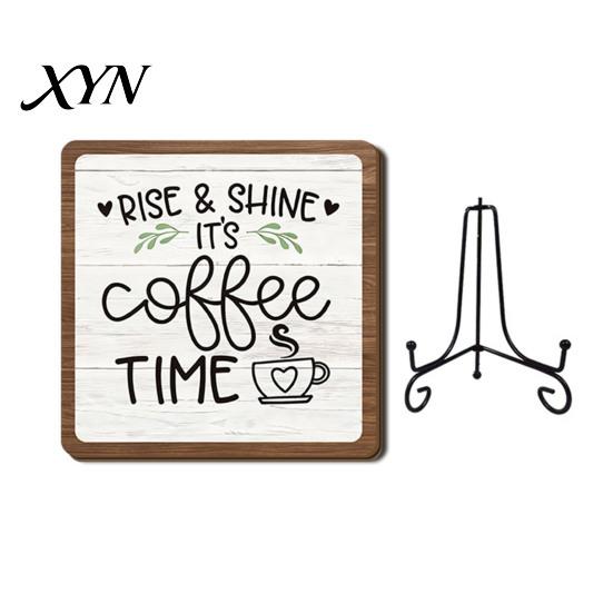 Cafe Store Decorations Coffee Themed Wooden Tabletop Sign, Rustic Kitchen Bar Plaque with Iron Station Accessories Stand, Farmhouse Home Dining