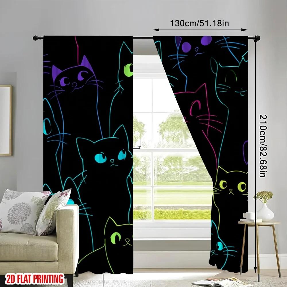 Set Of 2 Neon Cats Curtain Polyester Living Room Halloween Window Decor Home Blackout With Rod Pocket Ideal For
