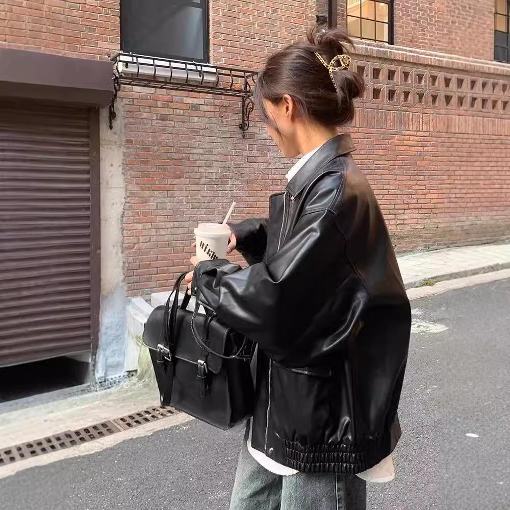 Women's Retro Brown Leather Biker Jacket - Short, Petite, Korean Style, Autumn/Winter 2025 Collection