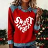 Damenmode Ausgestelltes Langarm Denim Patchwork Sweatshirt Valentinstags-Print Lässiges Pullover-Oberteil