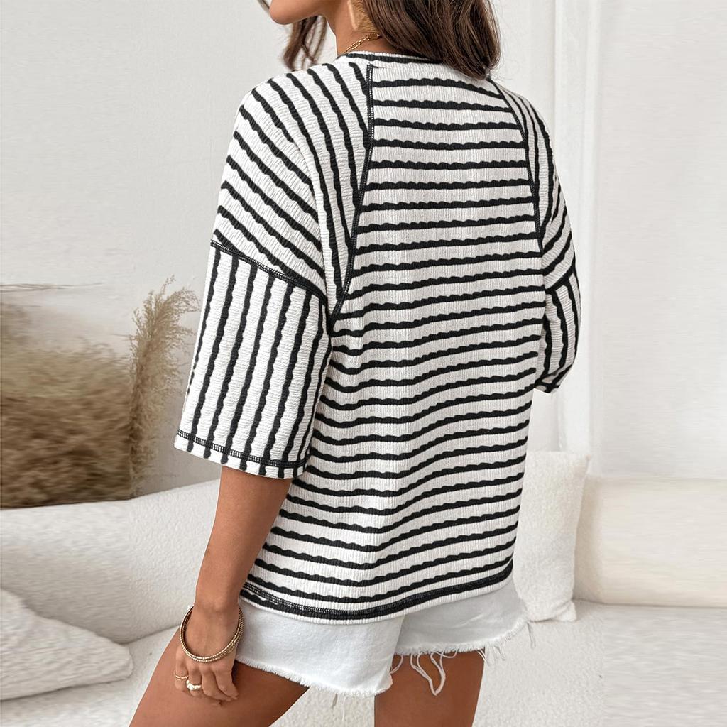 Damen Lässiges Gestreiftes Farbblock-Oberteil