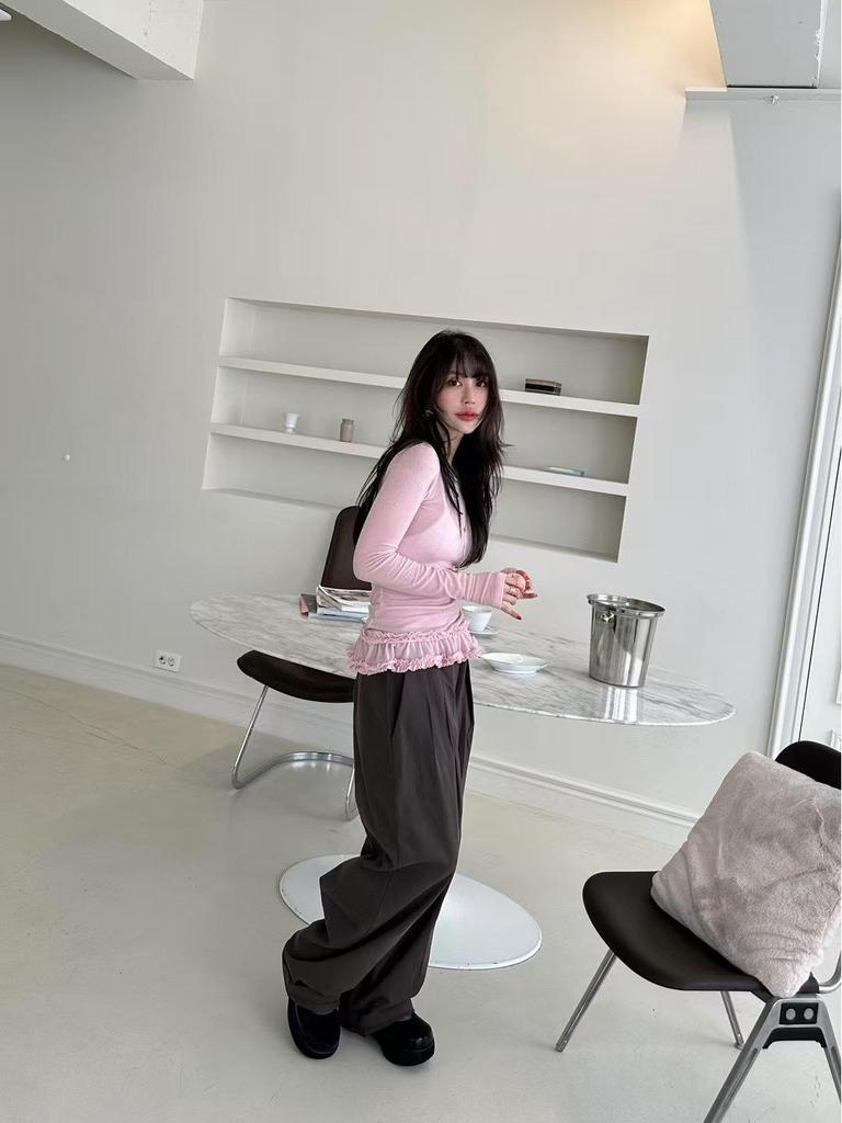 Korean Style 2026 Spring/Autumn Lace Trim Sheer Long Sleeve Women's Top