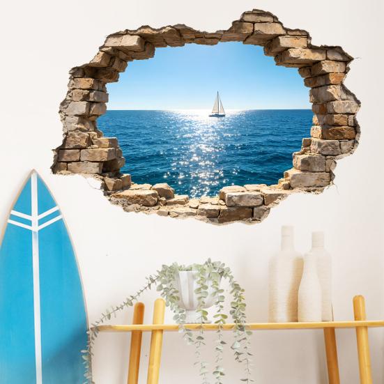 Yousheng 3D Broken Wall Ocean View Sticker, Coconut Tree Beach Decorative Decal, Waterproof Peel-And-Stick Wall Art for Living Room, Bedroom,