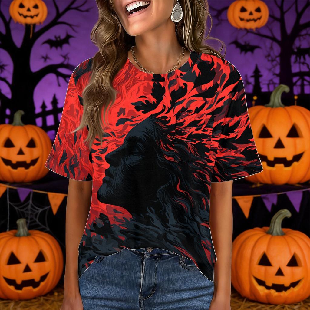 Dame langærmet Halloween-print top med lomme på brystet til afslappet brug