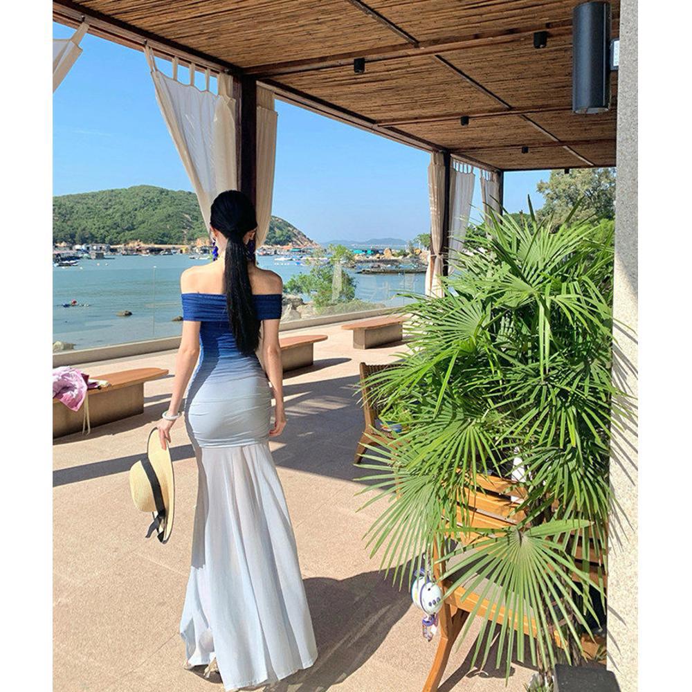 One-word Shoulder Mesh Yarn Gradual Change Wear More Tube Top Design Dress Women's Summer New Waist Slim Hip Long Skirt