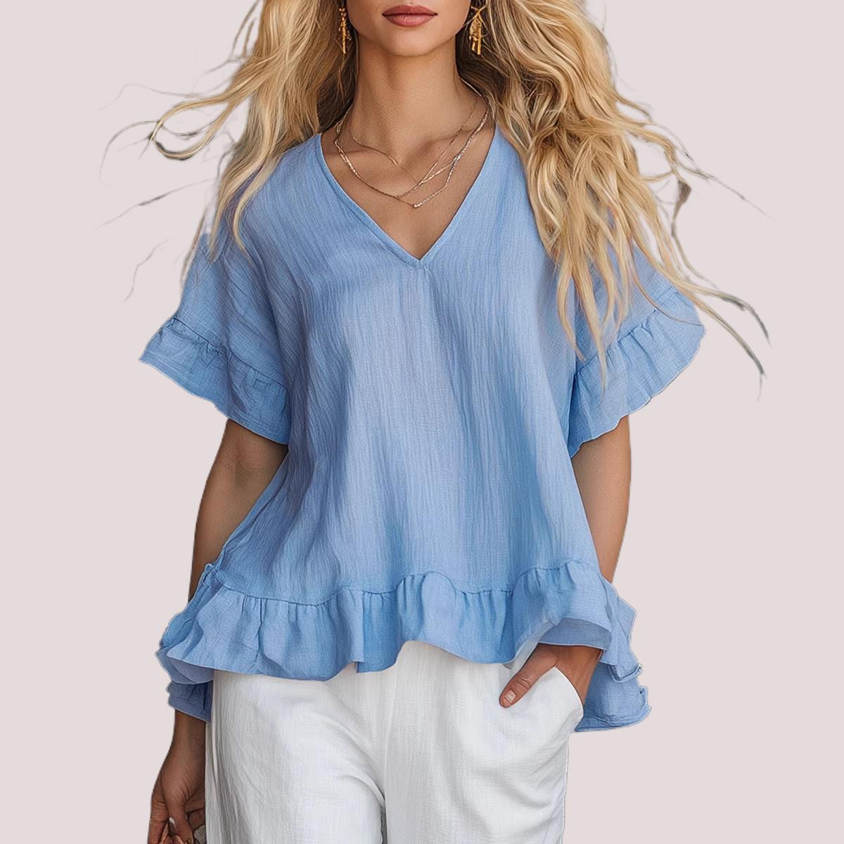 2026 Spring/Summer New Elegant Ruffled V-neck Shirt Fashionable Casual Short Sleeve Top for Women S небесно-голубой