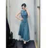 Women's Summer French Retro A-Line Sleeveless Denim Dress – Petite Loose Fit