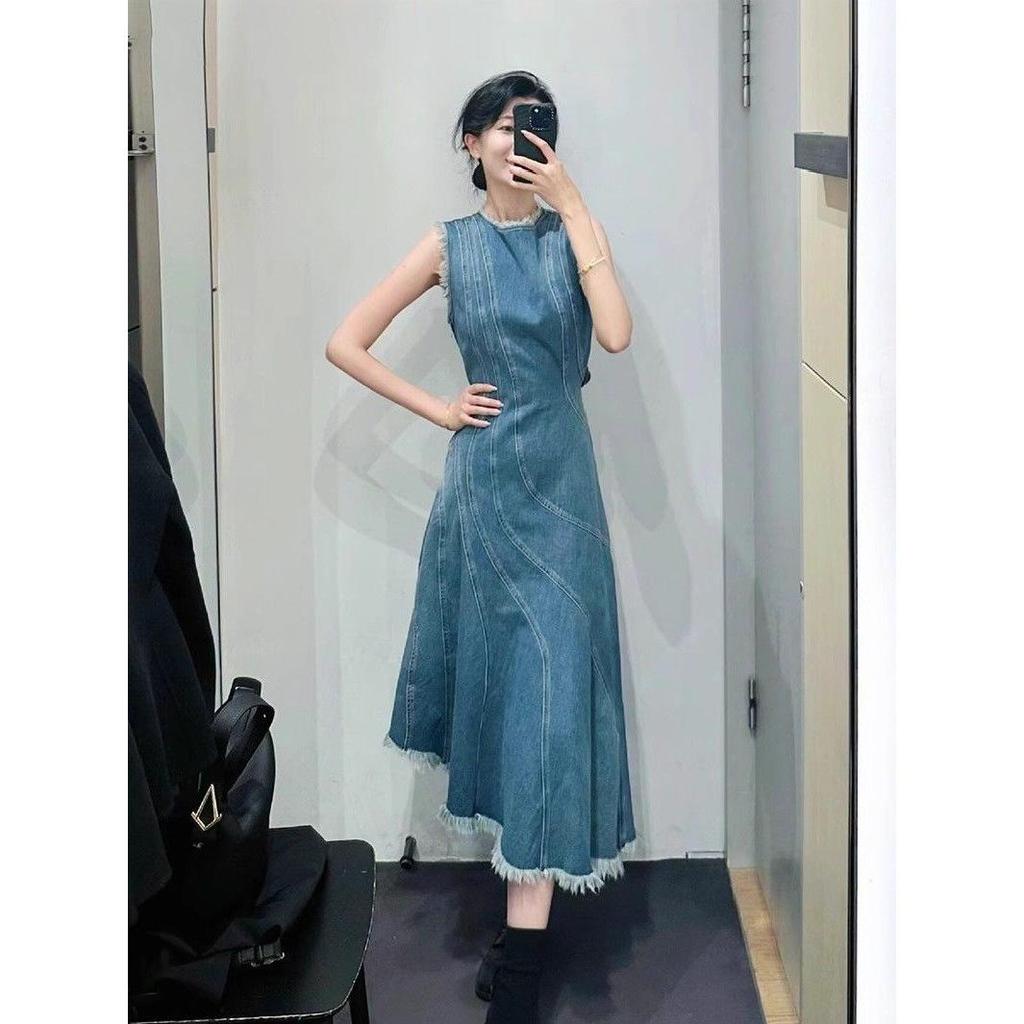 Women's Summer French Retro A-Line Sleeveless Denim Dress – Petite Loose Fit