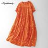 Japanese Mori Girl Summer Women Baggy Midi Dress O Neck Polka Dot Print Lace Up Dress Short Sleeve Cotton Loose Vintage Dress