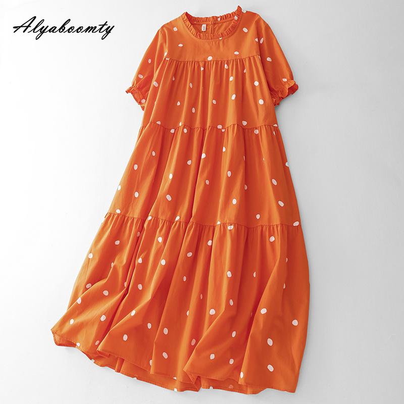 Japanese Mori Girl Summer Women Baggy Midi Dress O Neck Polka Dot Print Lace Up Dress Short Sleeve Cotton Loose Vintage Dress