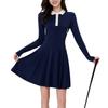 Womens Long Sleeve Tennis Dress With Collar Color-Block Pleated Skirt Slimming Fit Golf Training Fitness
