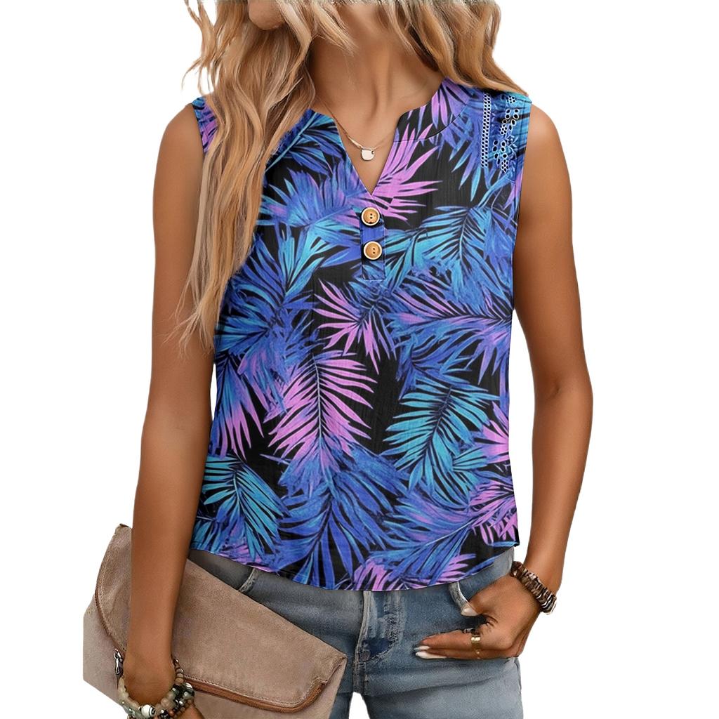 Women's Casual, Loose-Fitting, Printed, Sleeveless Linen Blouse