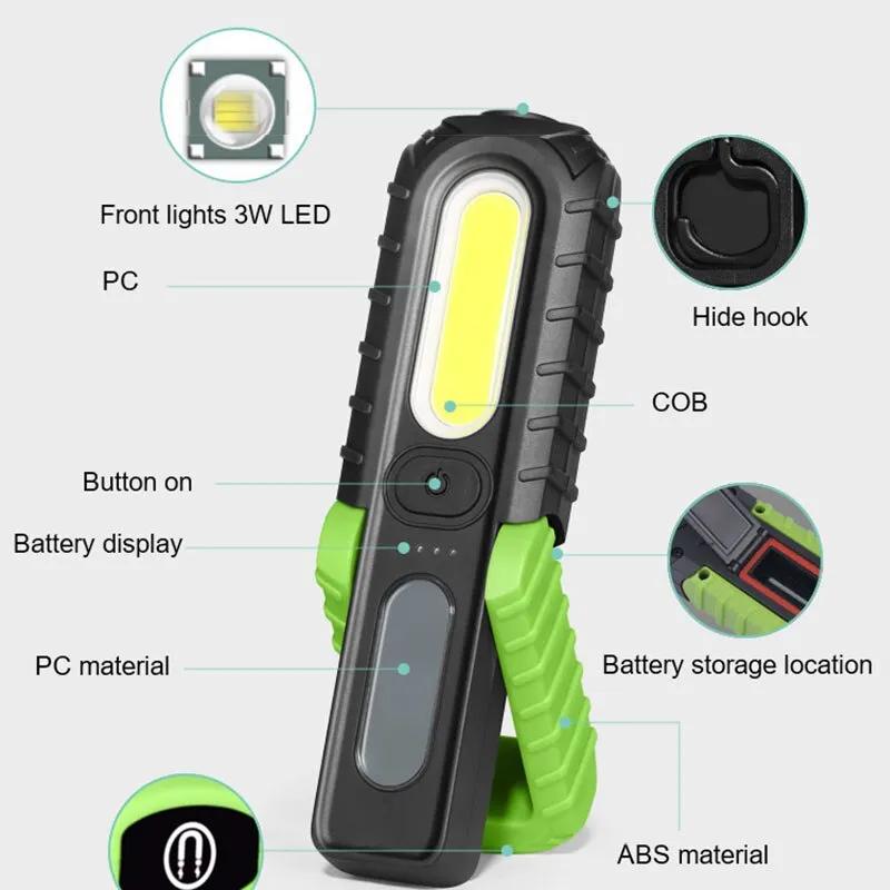 USB Rechargeable Flashlight Waterproof COB Torch Working Light Portable Powerful Lanterns For Outdoor Repair Home Camping Hiking