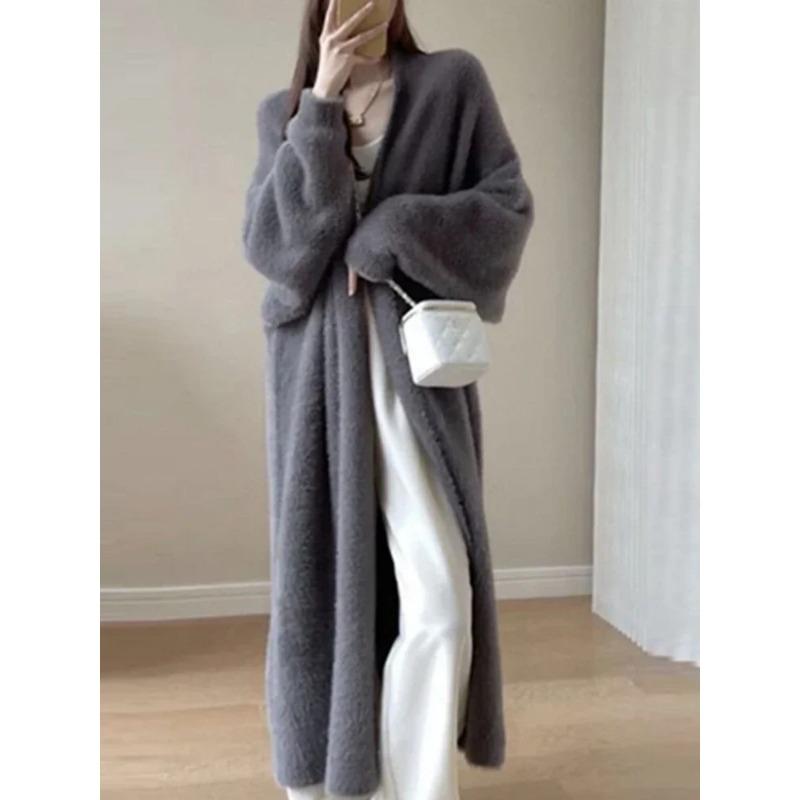Elegant Vintage Knitted Coat Winter Soft Loose Jacket Korean Casual Autumn Winter Fur Cardigan Women Solid Color Long Sweaters