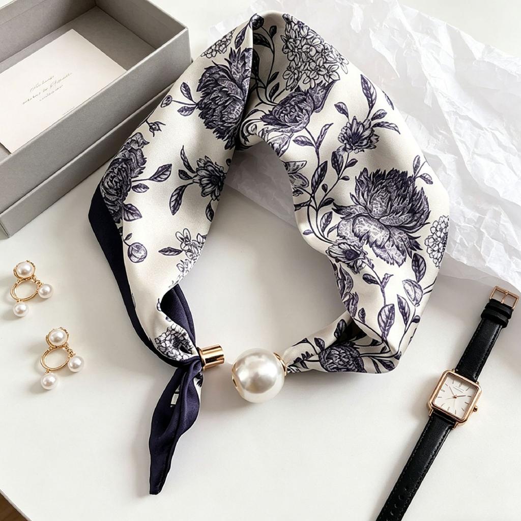 Blue Prints Elegant Pearl Tail Magnetic Clasp Scarf Summer New Versatile Breathable Fashion Artistic Accessory Neck Wrap Scarves