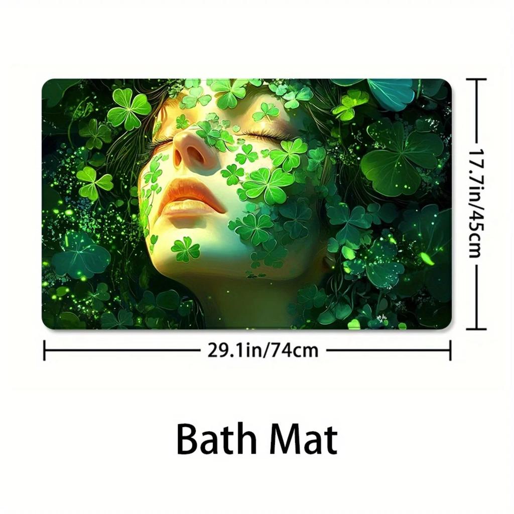4pcs Bestselling Green Clover Print High Quality Shower Curtain and Non-Slip Bath Mat Set - Perfect for Bathroom Decor Exqu