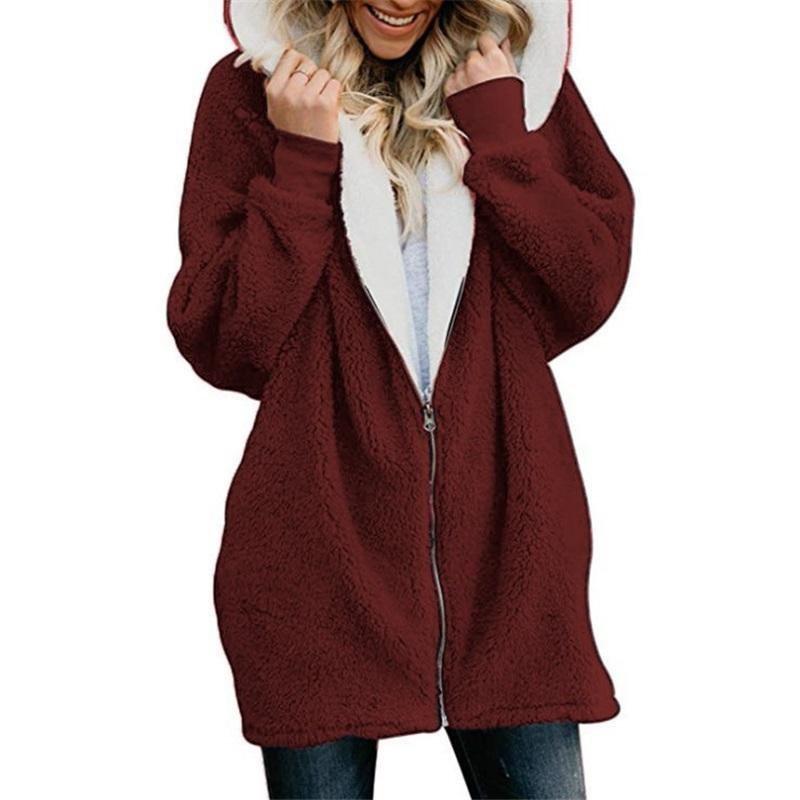 Damen Herbst und Winter Neuer Stil Kapuzen-Reißverschluss-Cardigan Plüschmantel Plüschpullover