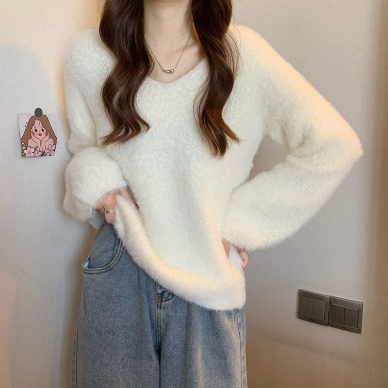 

Свитер Haima Mao женский однотонный вязаный свитер повседневный свитер белый молочный липкий ветер V-образный вырез верхняя одежда милый свободный вязаный свитер женский XL бежевый