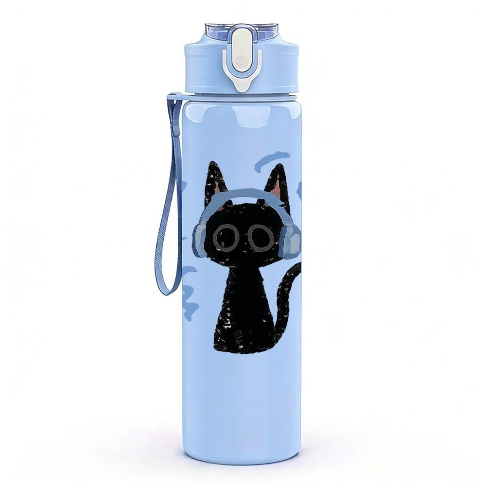 1PC Black Cat Guitar Music Star Print 750ml Color Plastic Sports Water Bottle Leakproof Flip Straw Lid Suitable for Sports Office Home Use