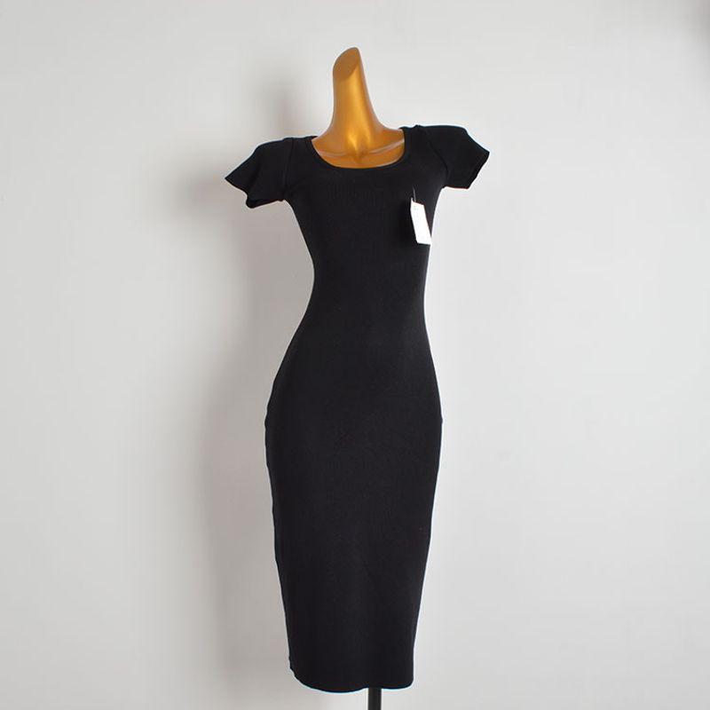

Summer New Arrival Fashion Silm Tight Waist Sheath Inner Match Mid-Length One-Step Skirt Women s Short Sleeve Knitting Dress Black One size