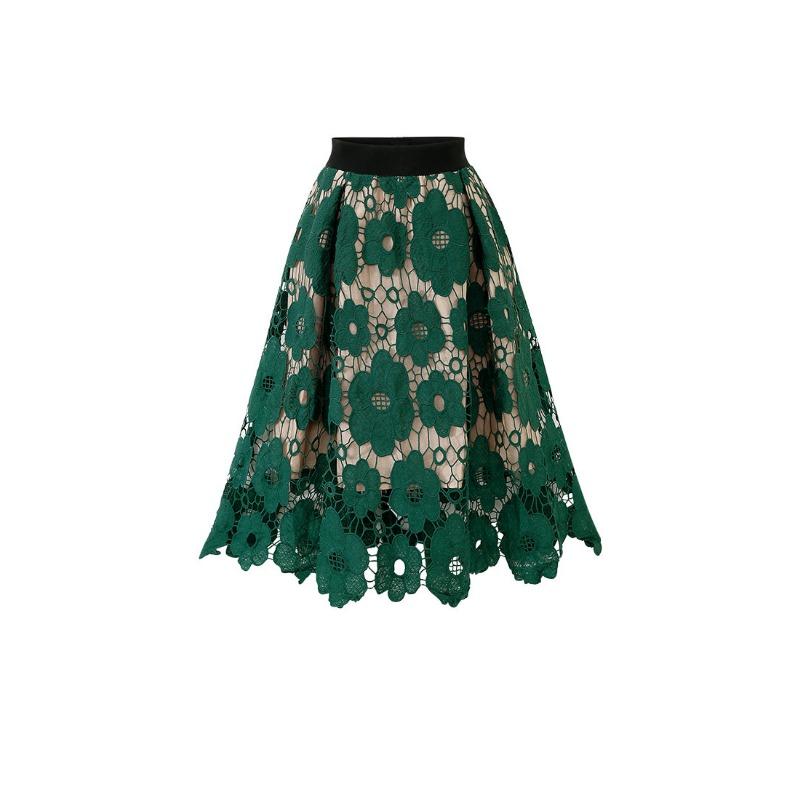 Crochet Hollow Out Flowy Patterned Lace Skirt Casual High Elastic Waist Below Knee Skirt Women's A Line Skirts Elastic Waist Skirts