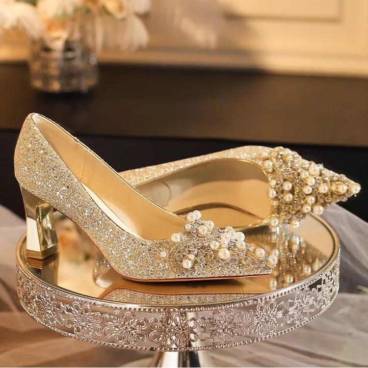 Large size sequined pearl applique stiletto high heels wedding shoes banquet dress comfortable and high-end women's shoes