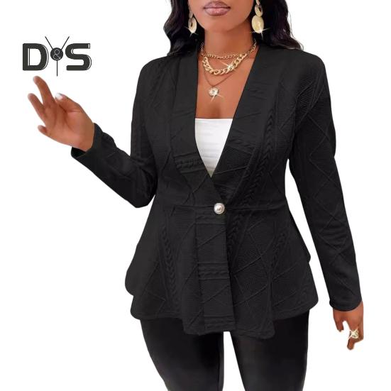 Fall Winter Lady Suit Coat Single Button Textured Jaquard Solid Color Mid Length Deep V Neck Long Sleeves Formal Business Style Lady Commuting Jacket