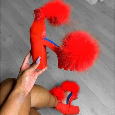 New Style Sandals Women Europe America with Thick Heels One Line Fur Large Size Buckle High Heels Fashion Sandals
