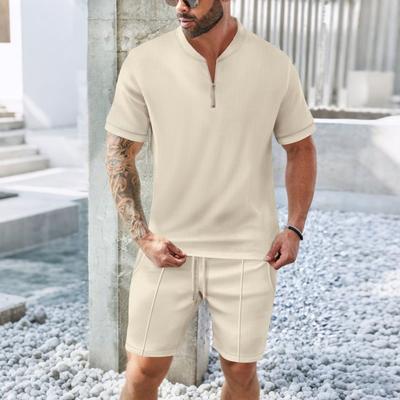 Men's Summer Waffle Stand-Up Neck Zipper Solid Color Short Sleeve Shorts Men's Outdoor Casual Suit