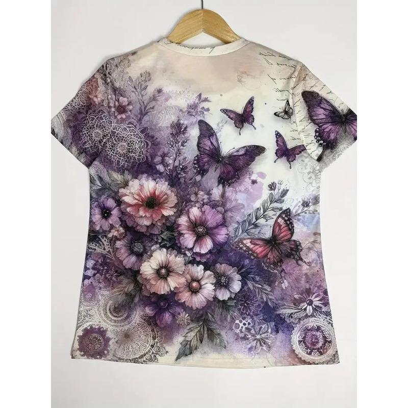 Women's Summer Round Neck Short Sleeved T-shirt with 3D Romantic Rose Print Casual Top Breathable Machine Washable Suitable for Outdoor Daily Wear