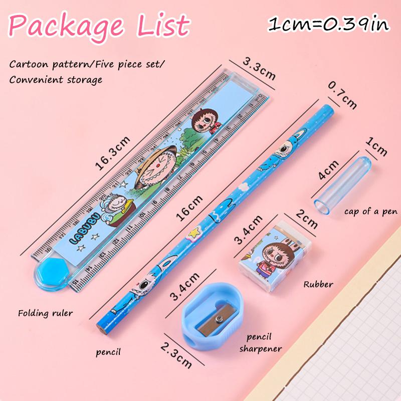 Set Papetărie de Desene Animate Drăguț Labubu în Geantă Creion Riglă Radieră Ascuțitoare Capac pentru Creion Costum Studenți Școală Rechizite de Studiu Cadouri