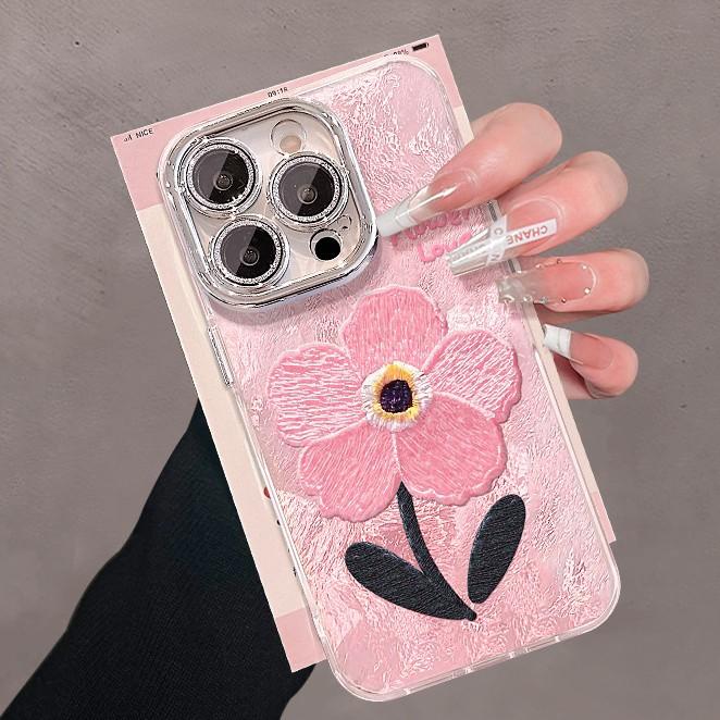 Pink Embroidered Flowers Suitable for Apple 16pro Mobile Phone Case Iphone15 Spring and Summer 14 High-end Feeling 13/12