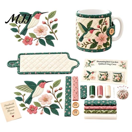 Creative Quilt Supplies for Teens Quilted Mug Cozy DIY Kit, Hummingbird Butterfly Flower Garden Sleeve Fabric Crafting Projects Sewing Craft