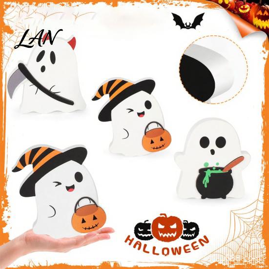 Whimsical Halloween Table Decor 3Pcs Sweet Ghost Decor, Wooden Cute Figurines with Candy Rustic Tabletop Pumpkin & Cauldron, Centerpiece for
