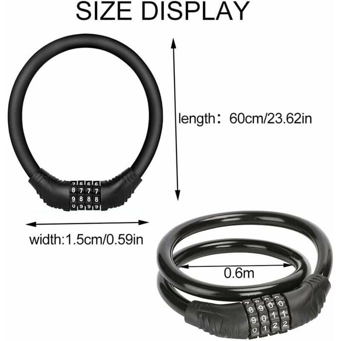 Bike Lock - JEWEL BOX - 15mm X 600mm - 4-Digit Code - Steel - Black