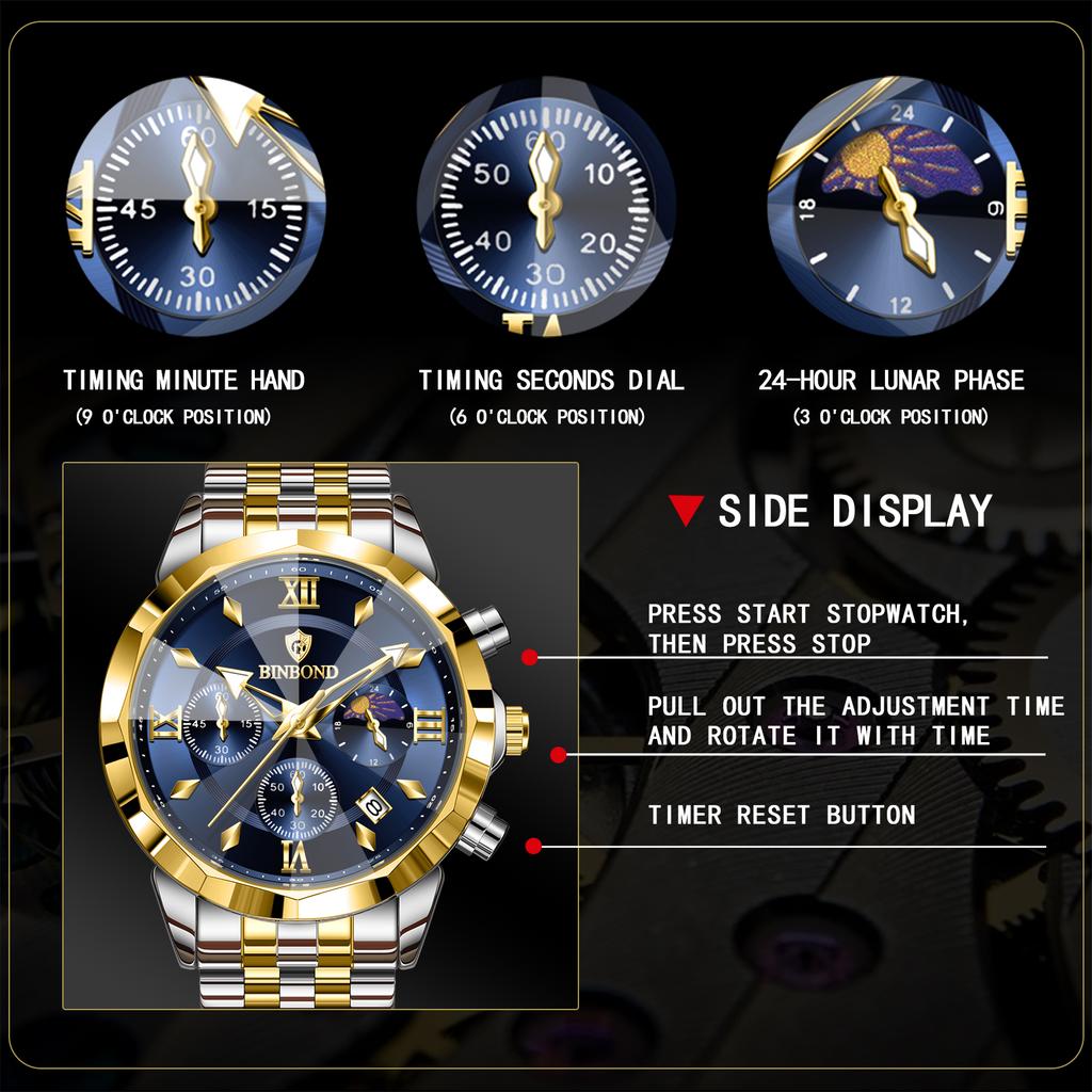 BINBOND Luxury Men's Watches Date Chronograph Stainless Steel Quartz Watch Waterproof Luminous Fashion Man Wristwatch