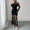 European and American Solid Color Hollow Retro Stand-up Collar Long-sleeved Lace Hip-wrapped Waist Thin High-end Fashion Dress Women
