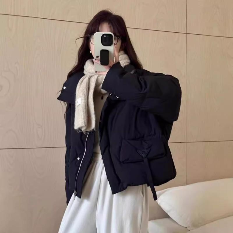 Womens Short Puffer Jacket Winter Warm Cotton Coat Loose Fit Stand Collar Solid Color Small Stature