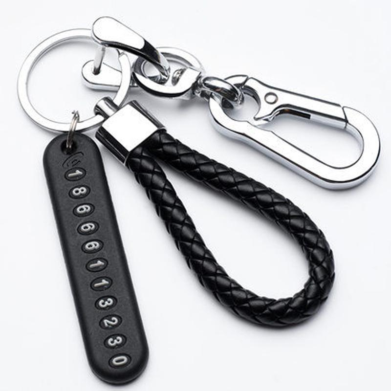 Trendy DIY Mobile Phone Number Plate Keychain - Punk Style Woven Leather Rope, Anti-lost Car Key Accessory for Men