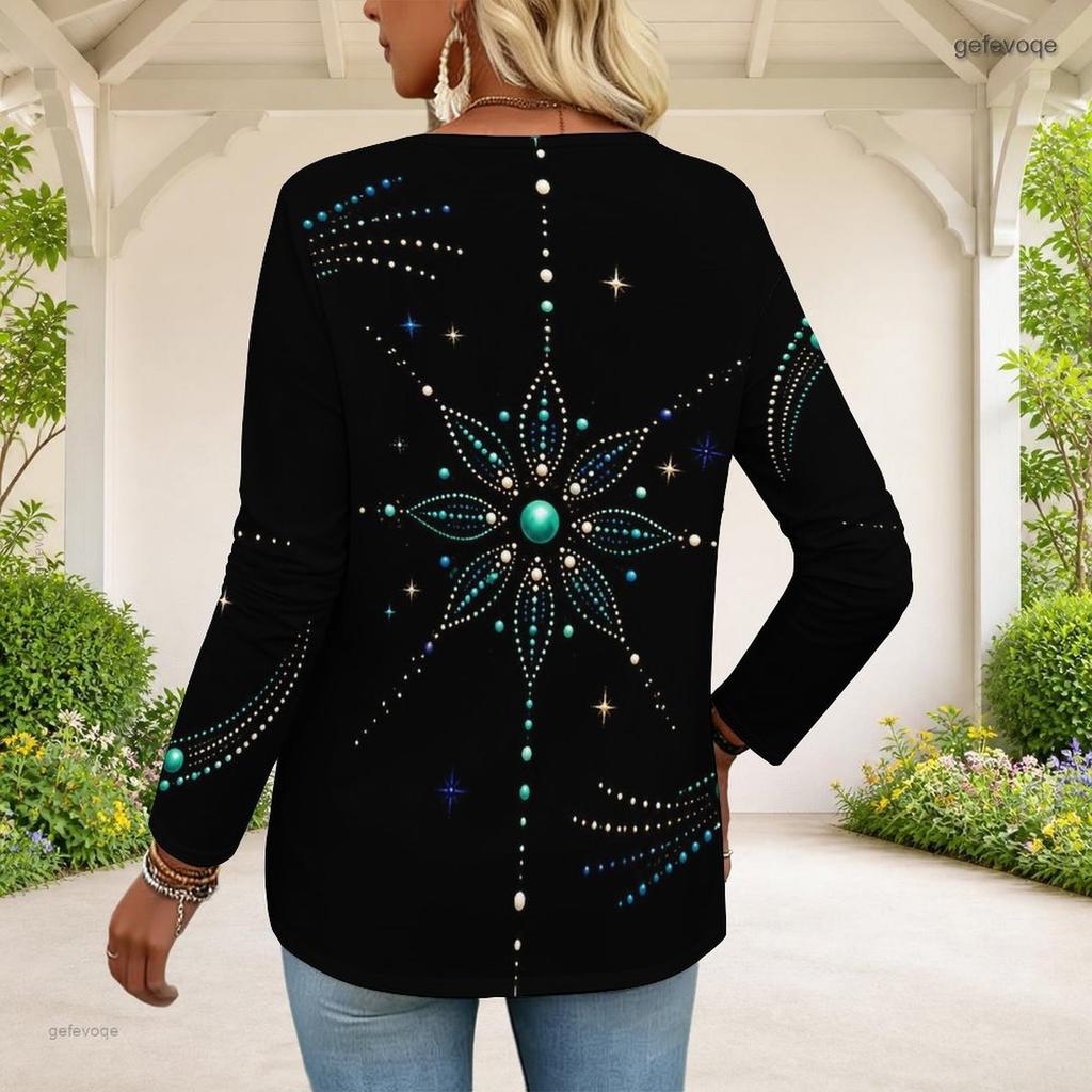 Women Plus Size Front Zip Round Neck Long Sleeve T Shirt Black Gold Galaxy Printed Top