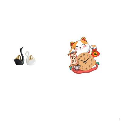 Elegant Swan Cat Figurines And Silent Wall Clock Set for Home Office Bedroom Kitchen Bookshelf