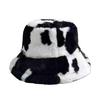 Faux Fur Fisherman Bucket Hat Milk Cow Pattern Warm Cozy Fluffy Bucket Hat Christmas Thanksgiving Headwear