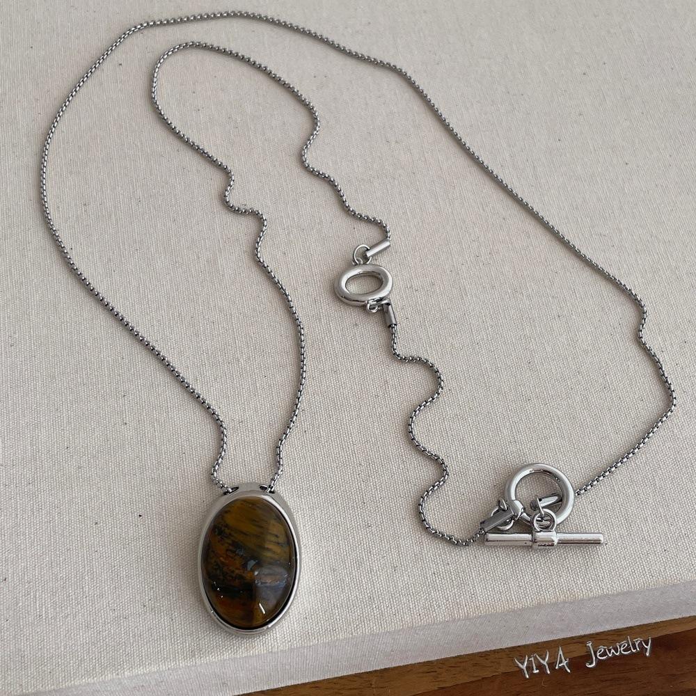 

Silver Plated Retro Black Brown Oval Natural Stone Tiger Eye Pendant Necklaces for Women Box Chain Toggle Clasp Circle 73cm коричневый