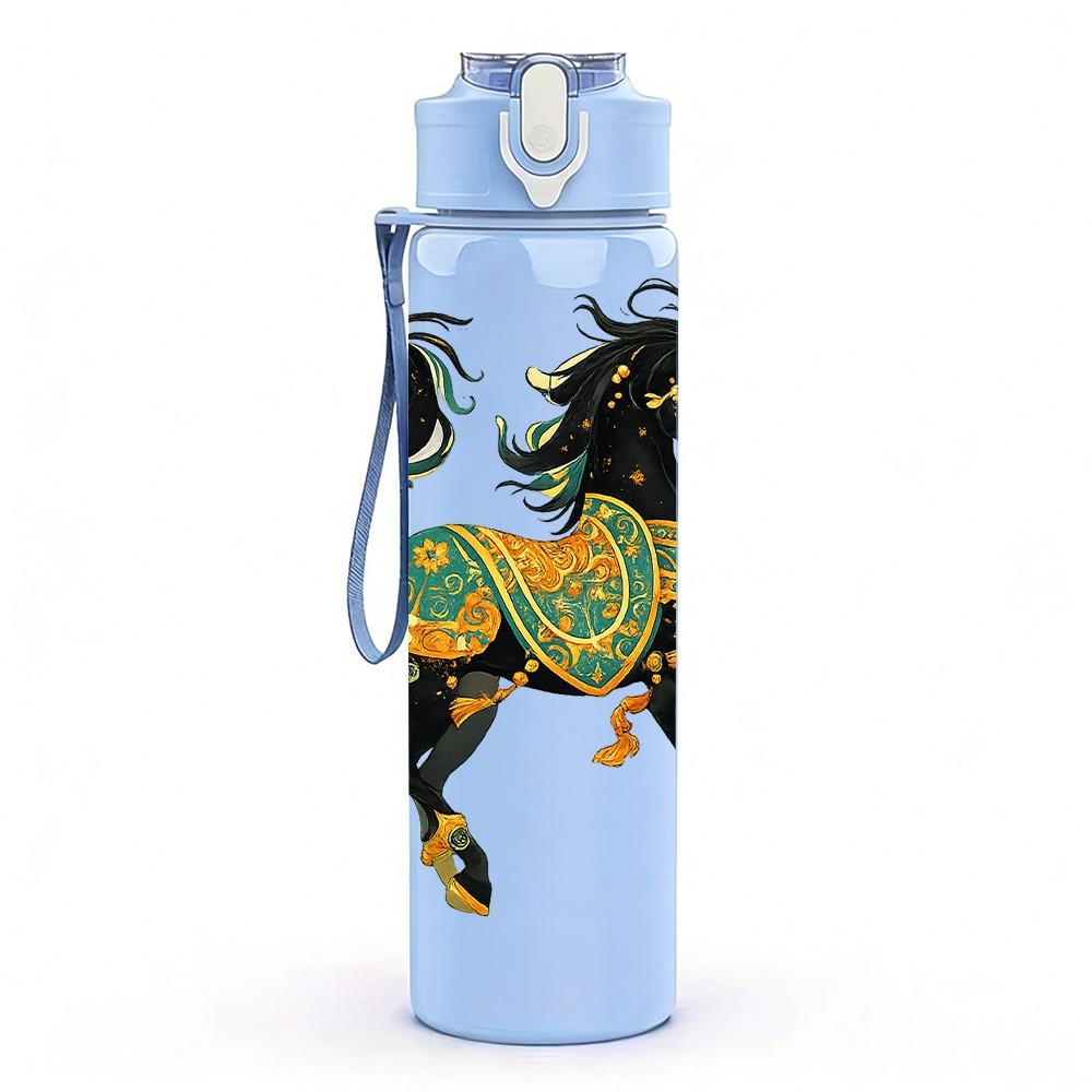 1PC Decorated Folk Horse Art Print 750ml Color Plastic Sports Water Bottle Leakproof Flip Straw Lid Suitable for Sports Office Home Use