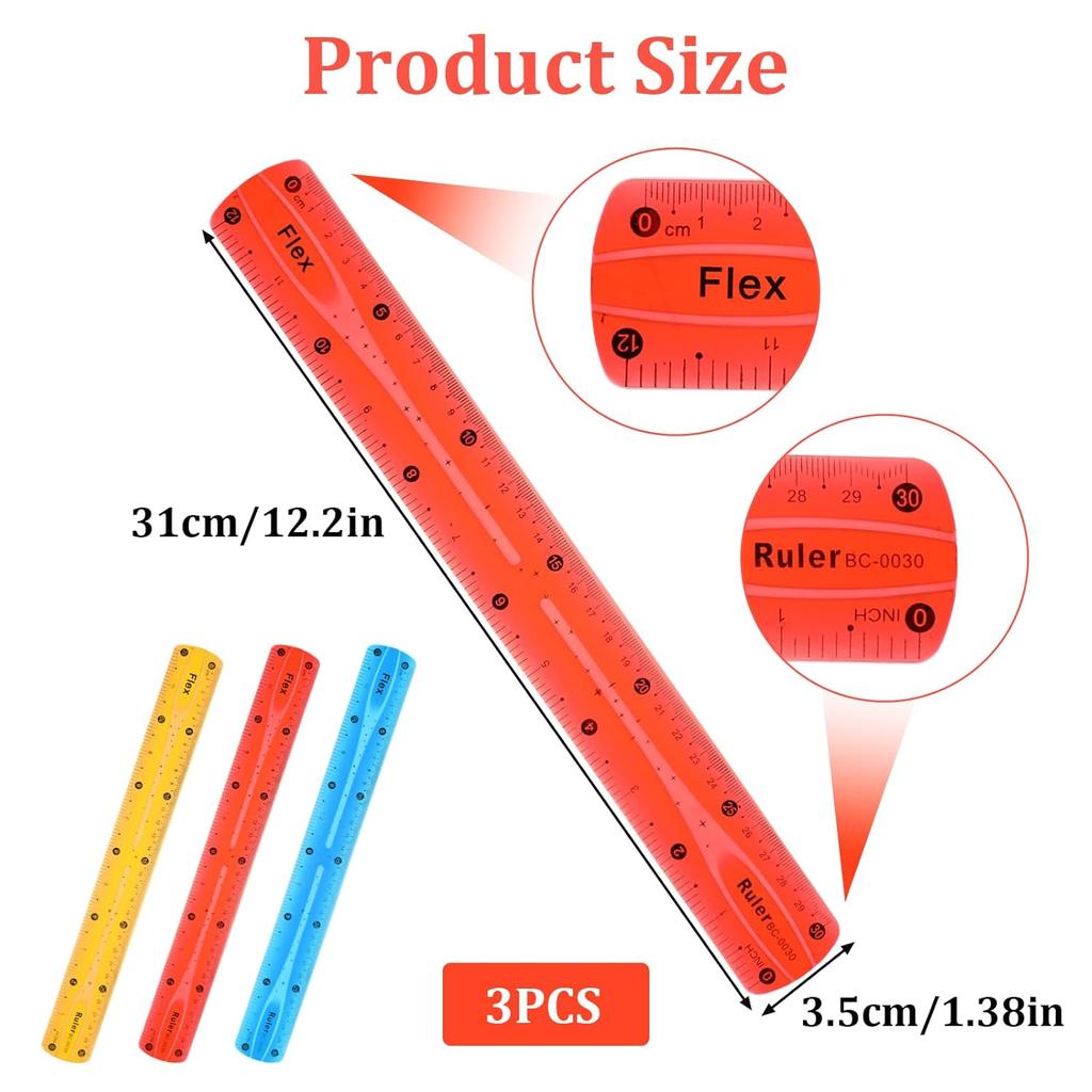 3Pcs Flexible Ruler, 12 Inch Translucent Plastic Rulers Shatterproof Bendy Rulers with Inches and Centimeters Soft Bendable Rulers for Kids Adults