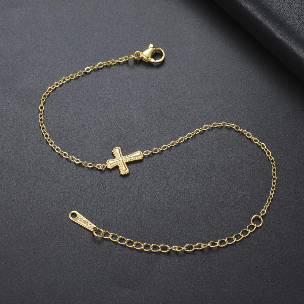 Teamer Embossed Cross Pendant Bracelet Stainless Steel Gold Color For Women Girls Fashion Romantic Vintage Jewelry Gift