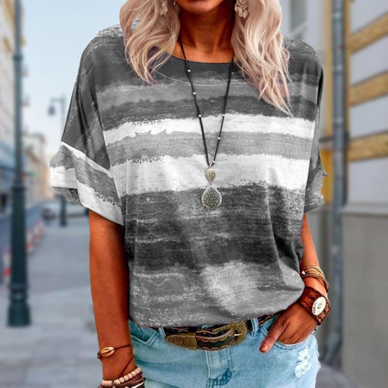 

Женская летняя футболка тренд полосатый принт ретро мода футболки с коротким рукавом повседневные с принтом топы M серый