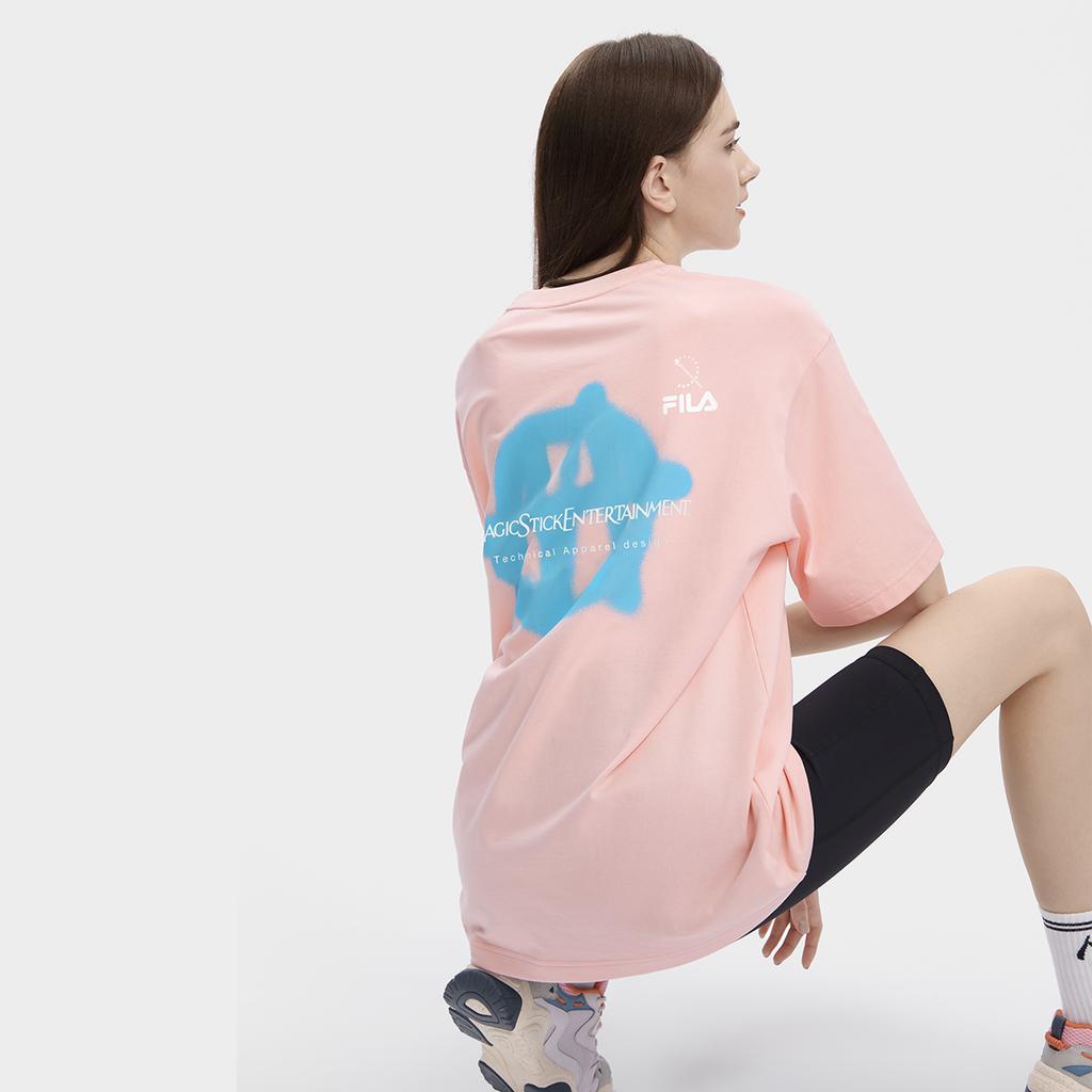 FILA X Magic Stick Collaboration American Vintage Crew Neck Letter Print Short Sleeve T-Shirt Unisex Tops Pink F11U329101F-PK